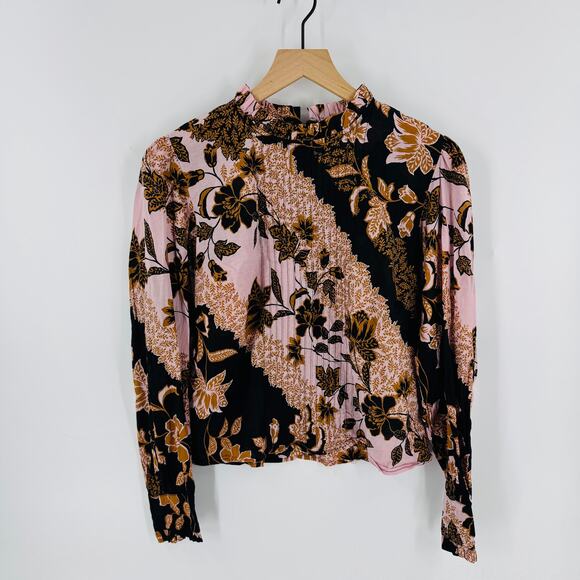 Pants Store Floral Print High Neck Blouse Pink Black Brown Boho Top Size M - Picture 6 of 6